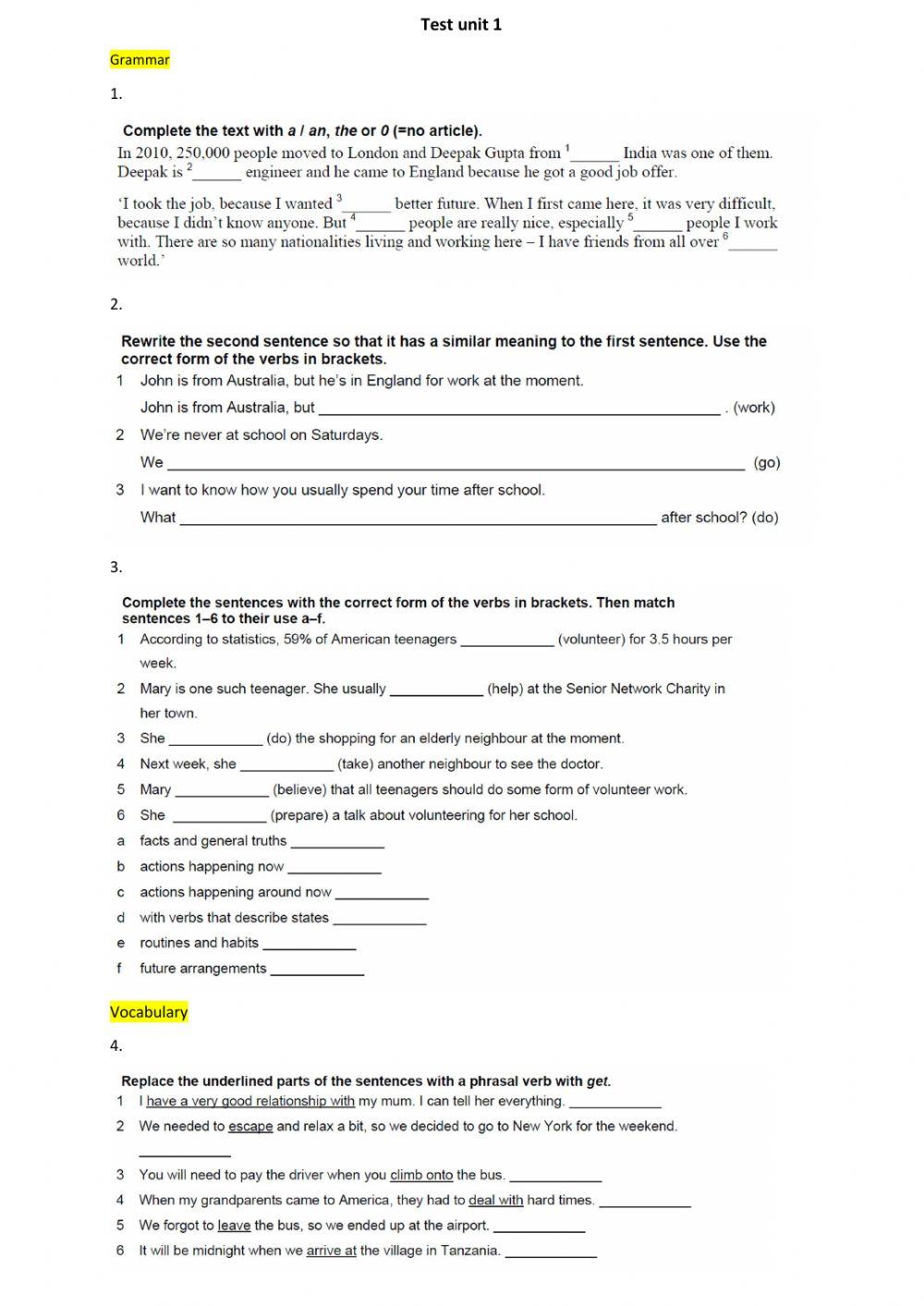 Vocabulary and grammar test | Live Worksheets