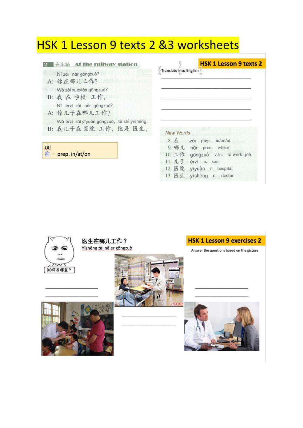 HSK 1 Lesson 9 text 2 & 3 worksheets (e)