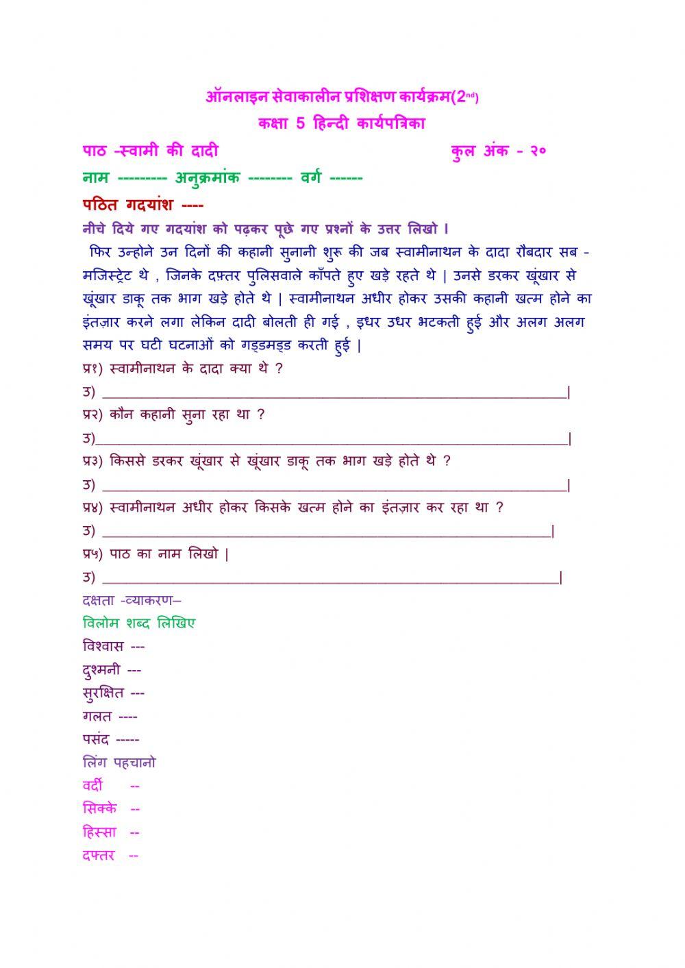 Class 5 Hindi worksheet Swami ki Dadi