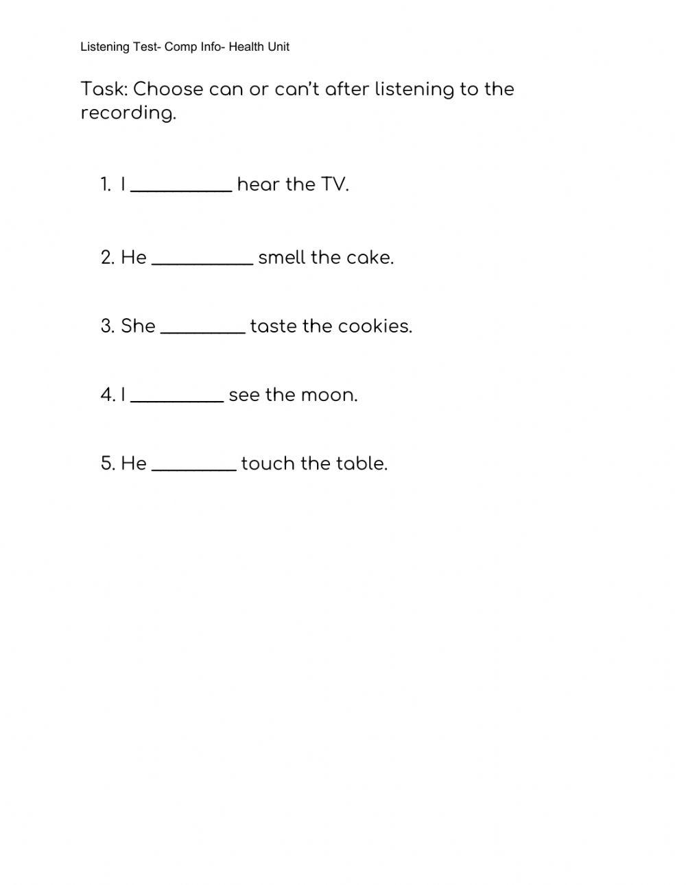 Literacy-Listening Test- 5 Senses.