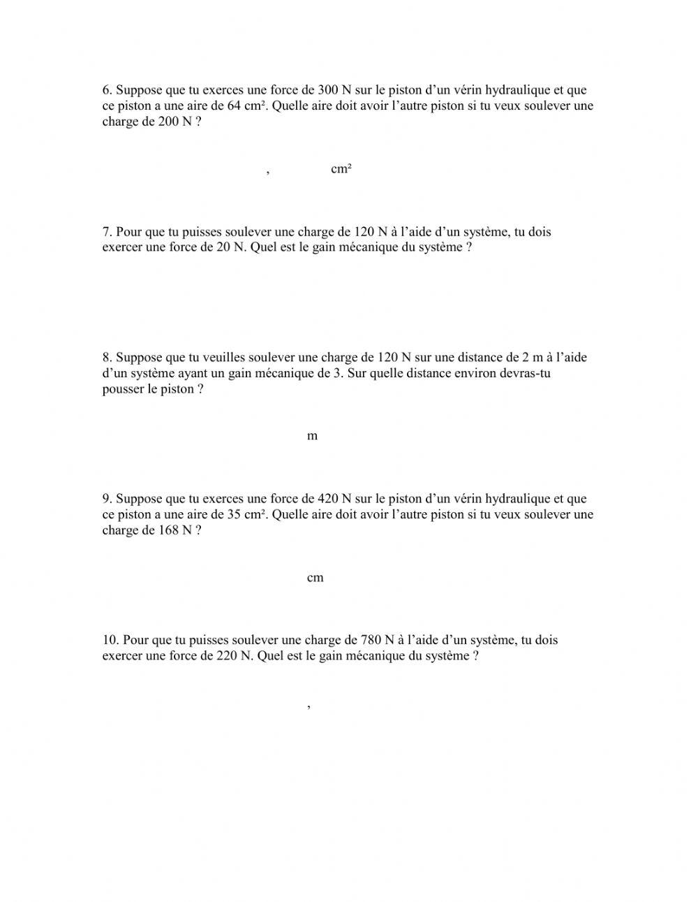 Les calculs de pression et des vérins hydrauliques
