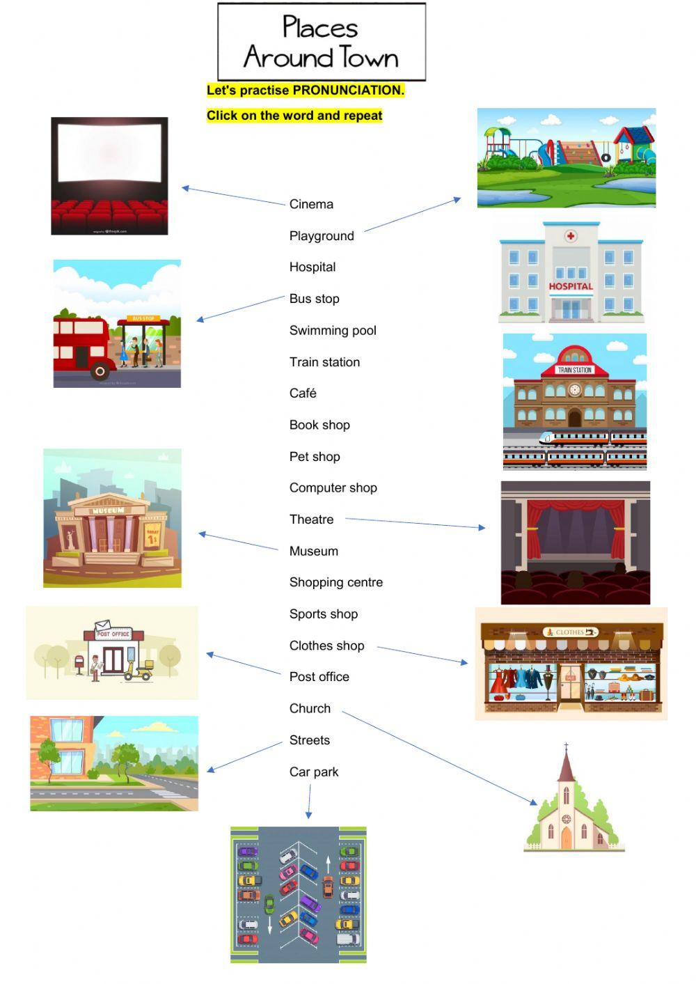 Places around town vocabulary - pronunciation practice