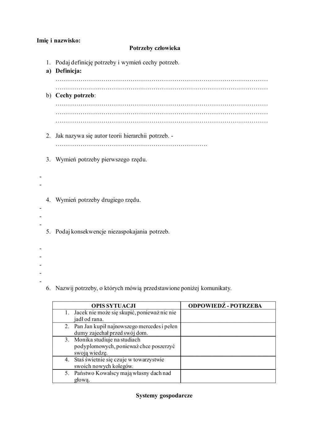 Potrzeby człowieka, systemy gospodarcze