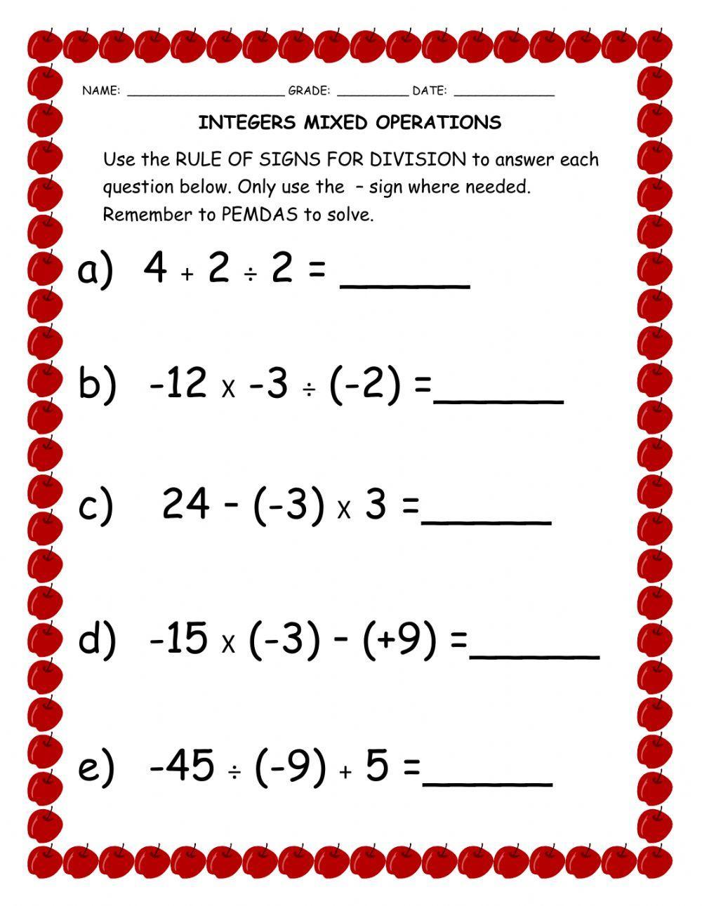 Integers9 mixed operations worksheet | Live Worksheets