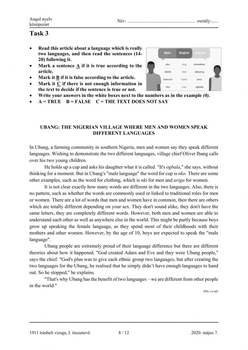 Matura B1 Reading True-False-Not mentioned 2