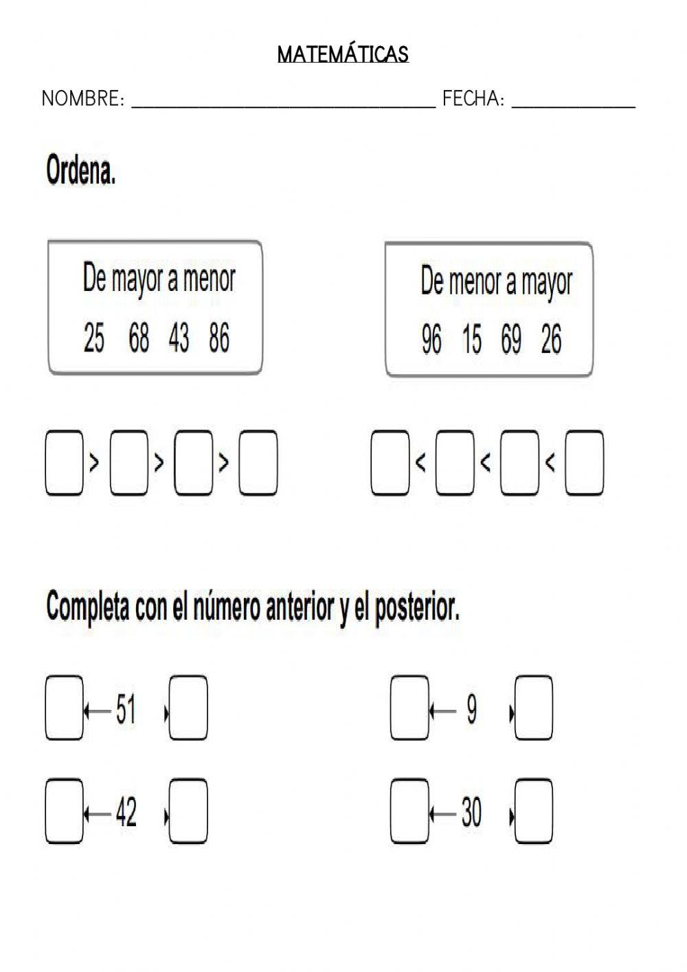 MATEMATICAS REPASO (ORDENAR NÚMEROS)