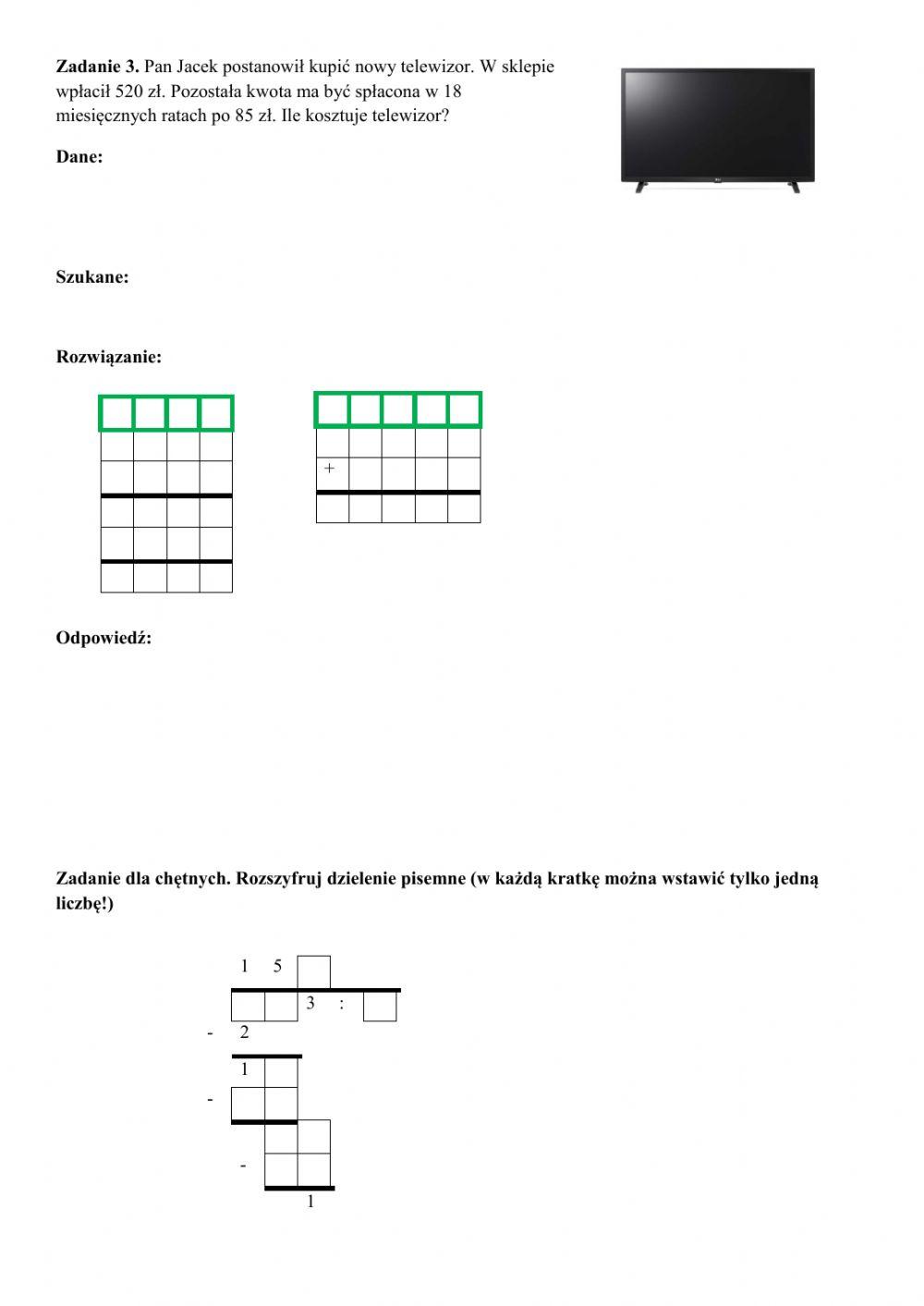 Działania pisemne kl. 4 - sprawdzian