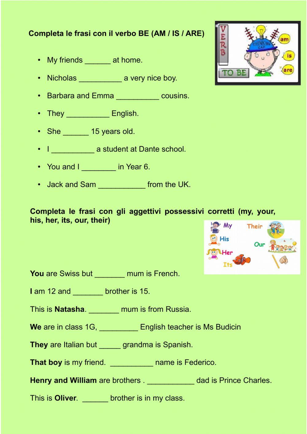 Personal pronouns, verb -BE-, possessive adjectives