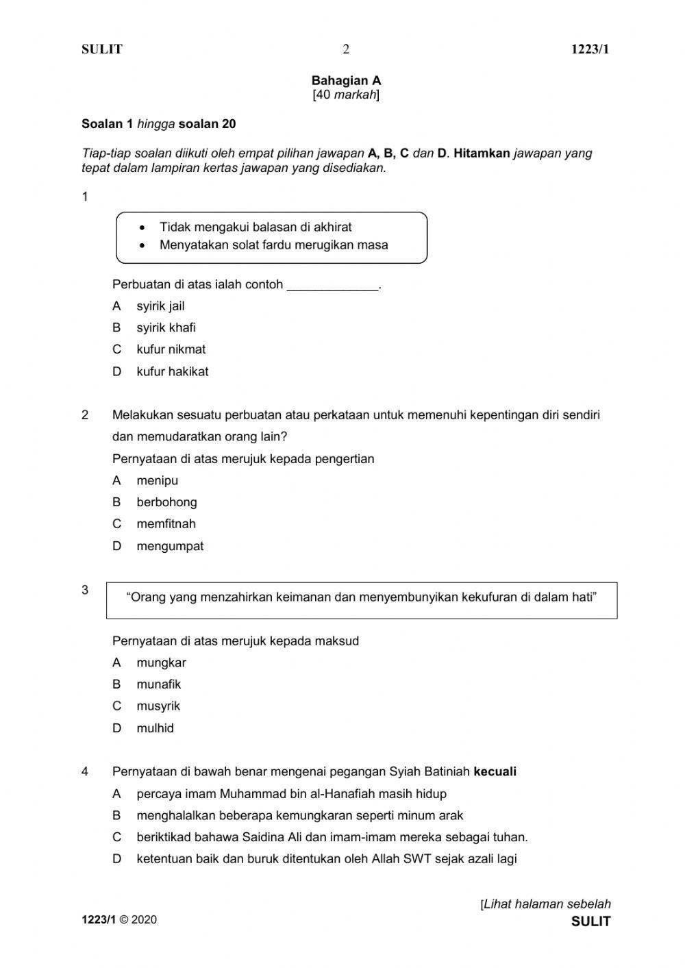 SOALAN PERCUBAAN SPM PENDIDIKAN ISLAM 2020  (2)