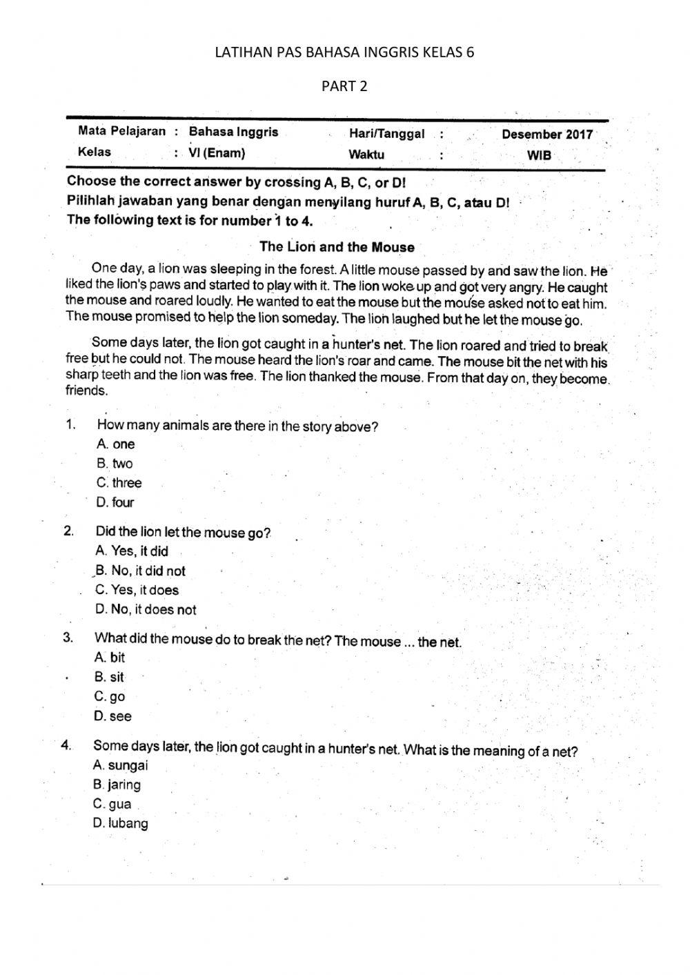 Latihan PAS Bahasa Inggris Kelas 6 S1 Part 2