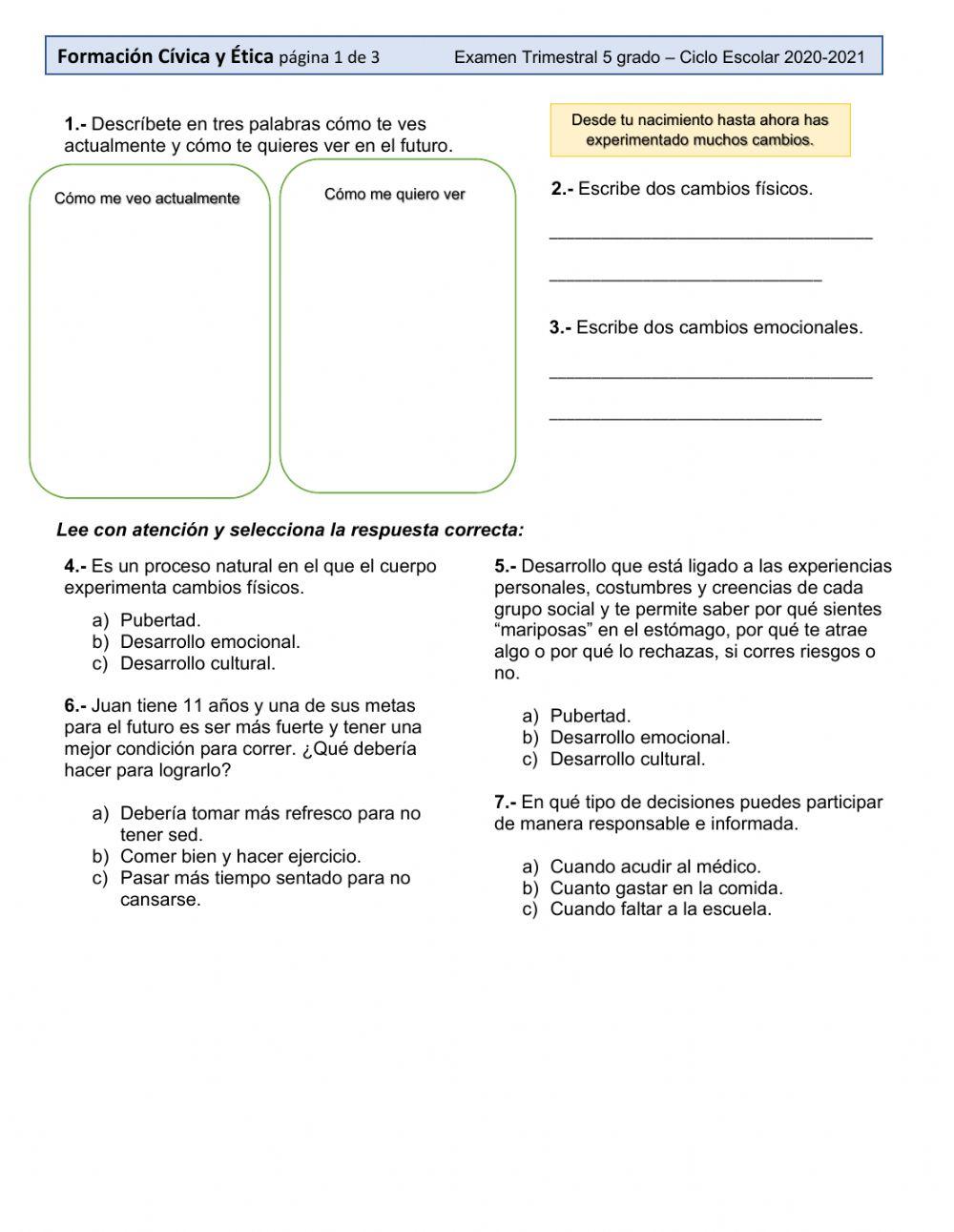 Examen de Formación Cívica y Ética