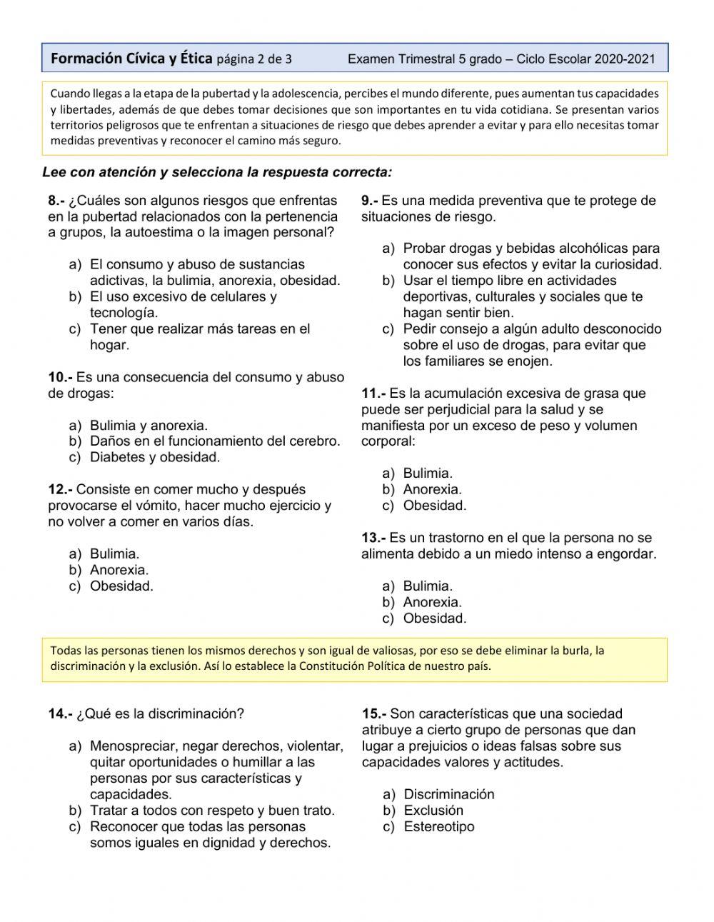 Examen de Formación Cívica y Ética