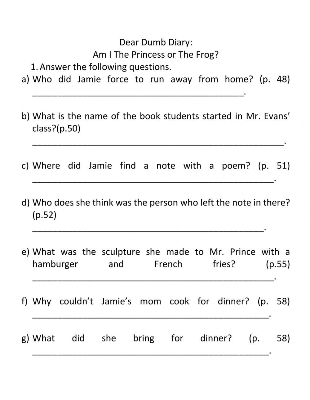 Dear dumb diary 3 worksheet live worksheets