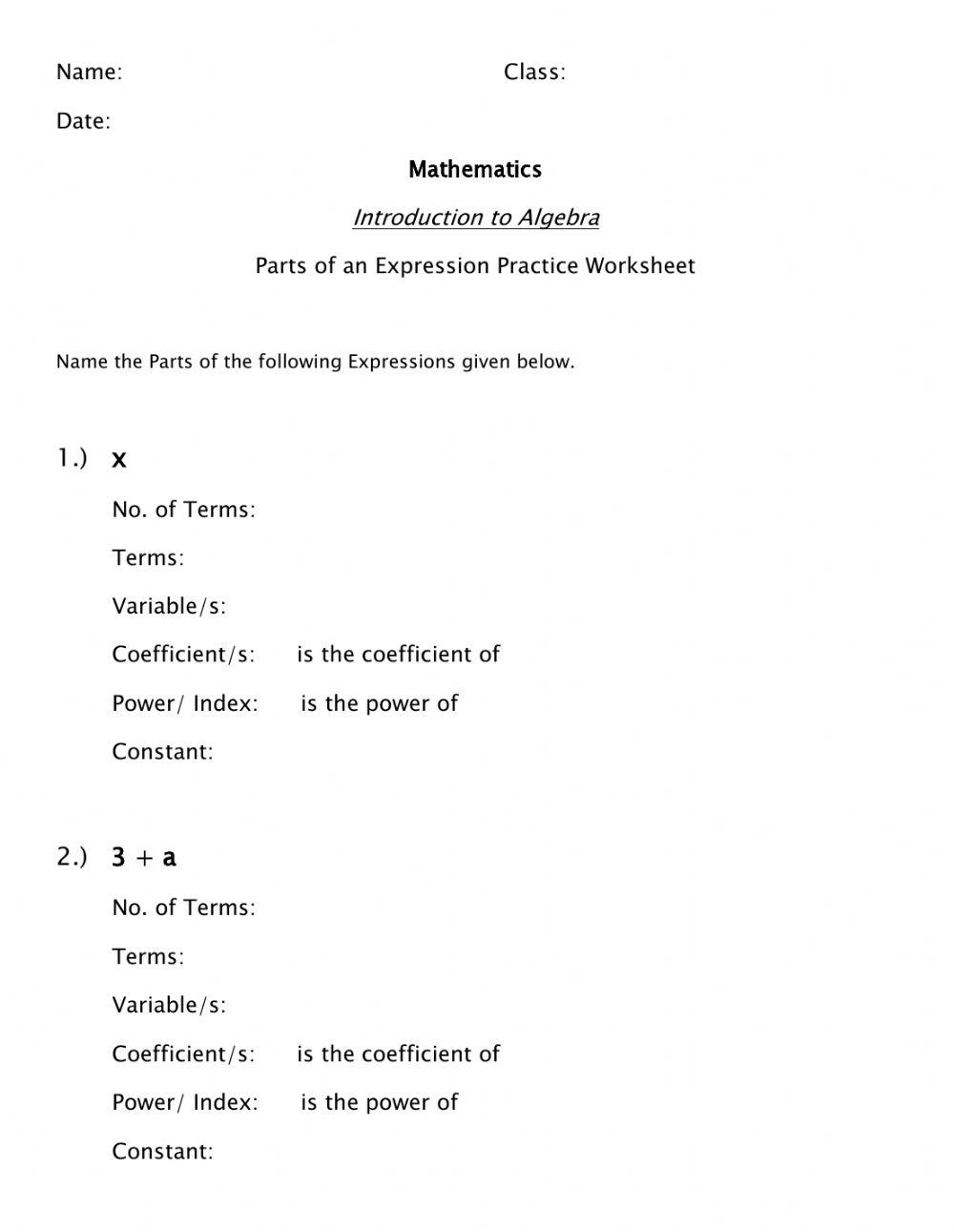 Parts of an Algebraic Expression
