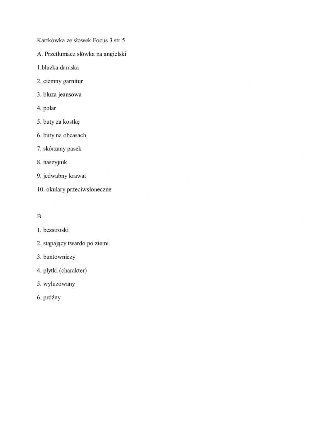Short vocabulary test Focus 3 p 4-5