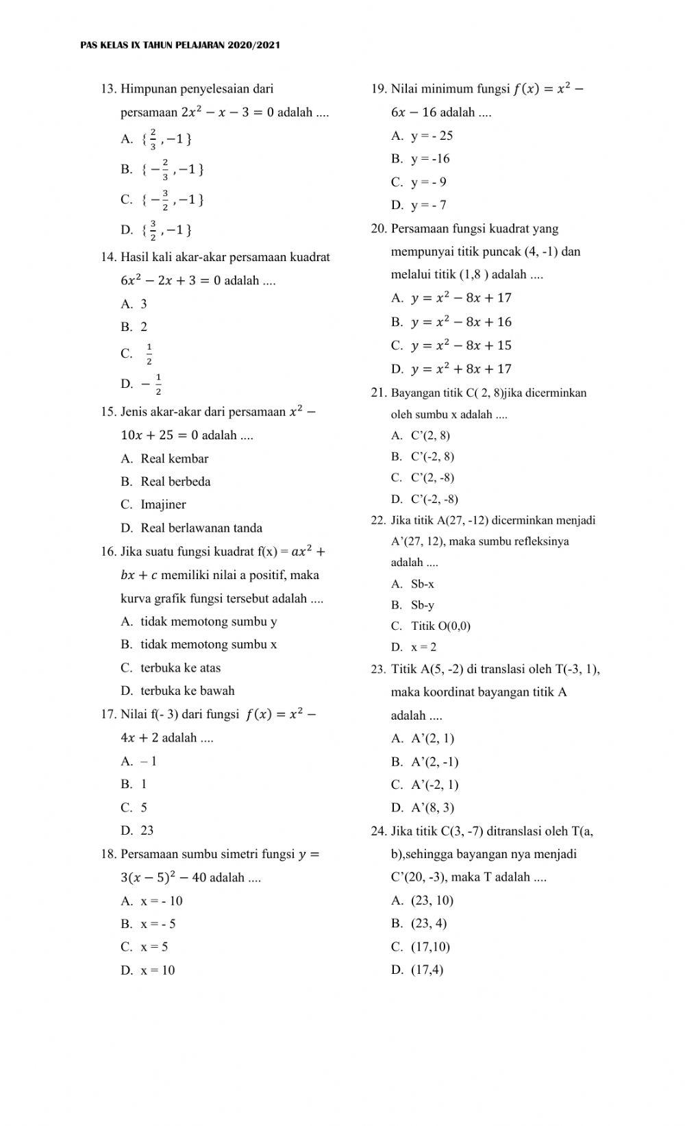 Pas matematka kelas 9