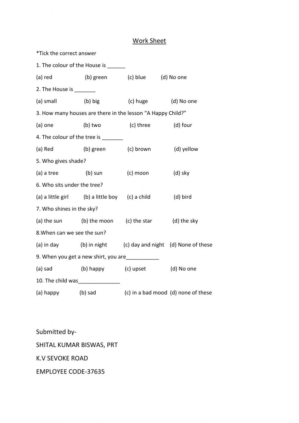 English class 1 worksheet on chapter- - a happy child-