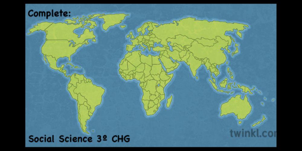 Africa, America, Asia, Europe, Oceania. Arctic Ocean, Atlantic Ocean, Indian Ocean, Pacific Ocean, Southern Ocean.
