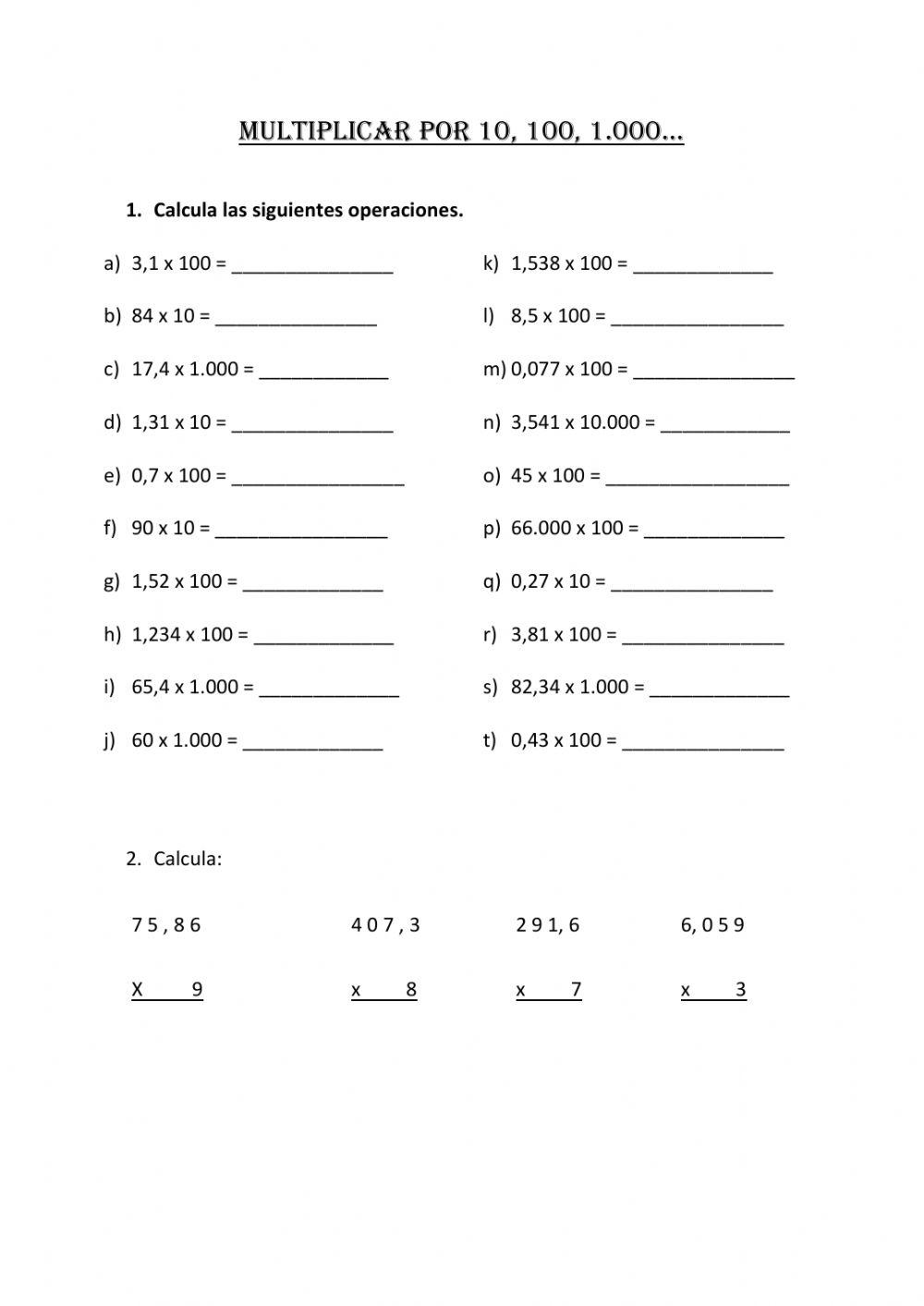 Multiplicar decimales por 10, 100...