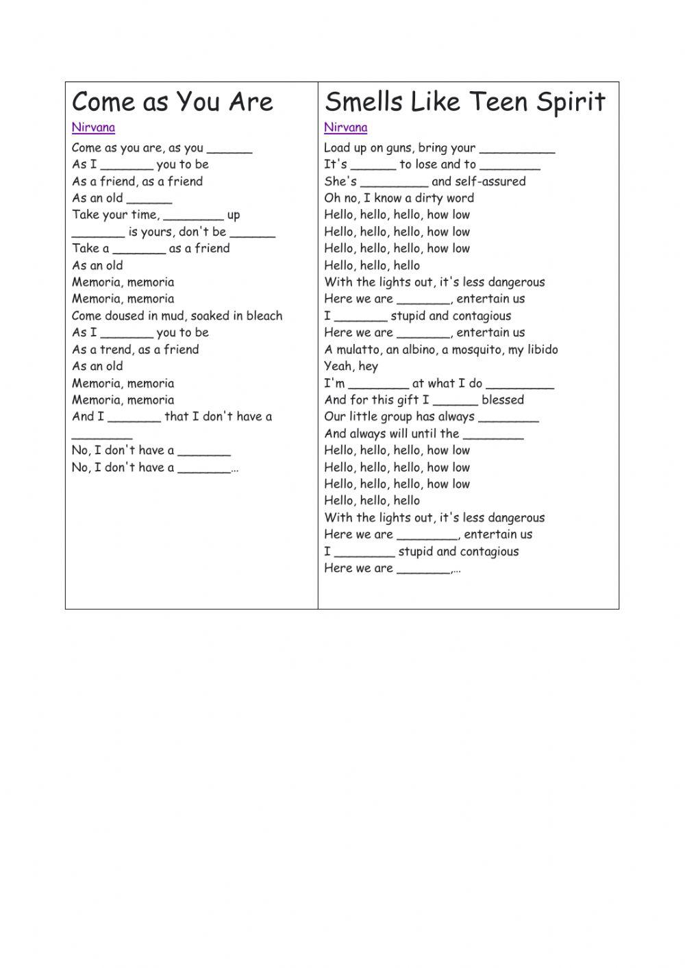 Nirvana - Fill in the blanks