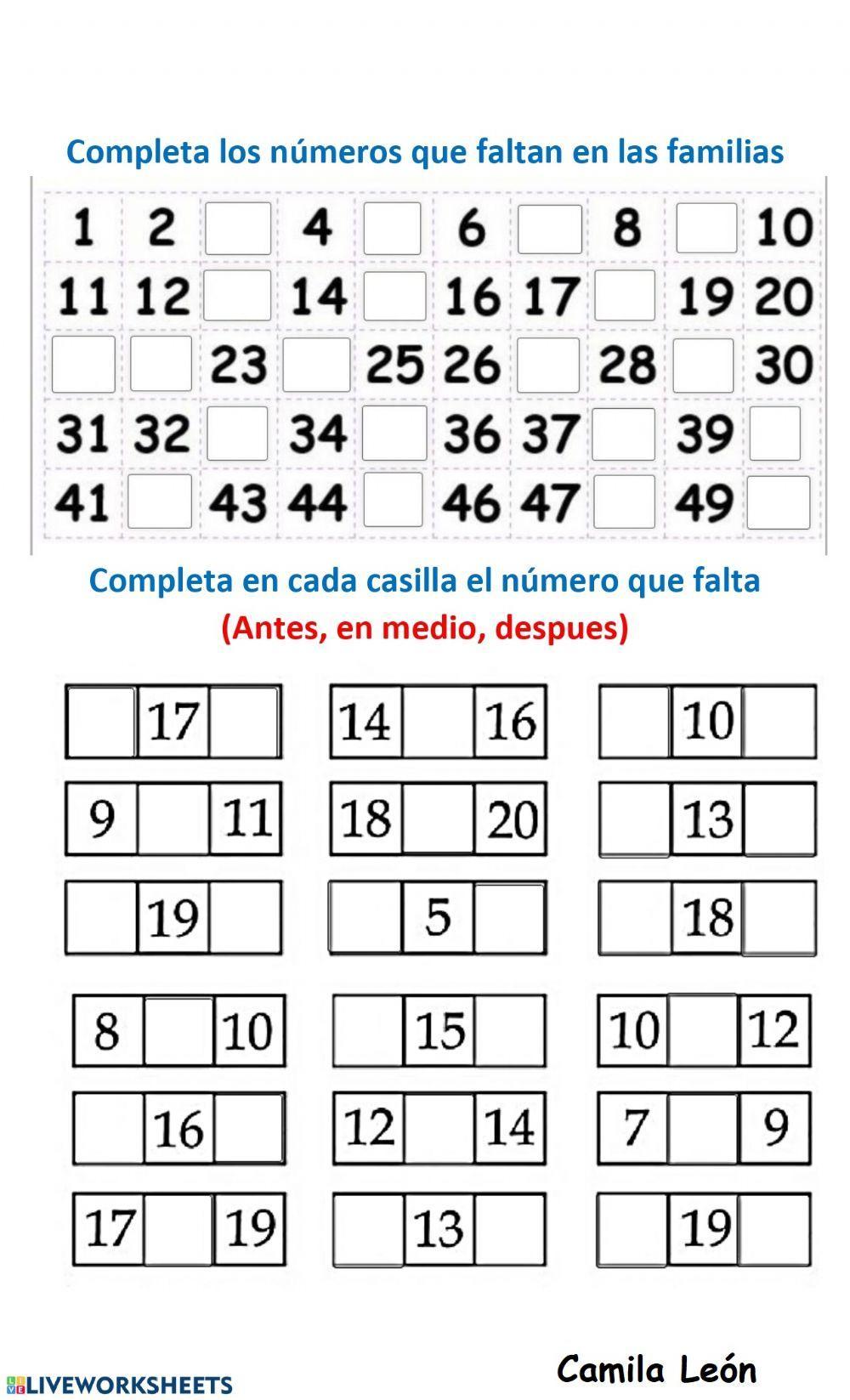 Números de 1 a 50 (ascendentes, antes en medio y después)