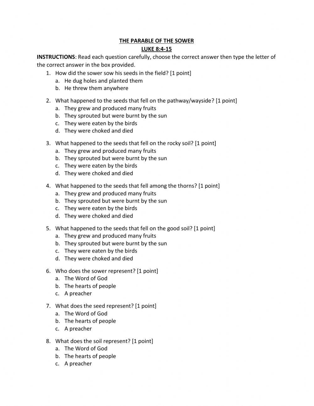 The parable of the sower interactive worksheet Live Worksheets