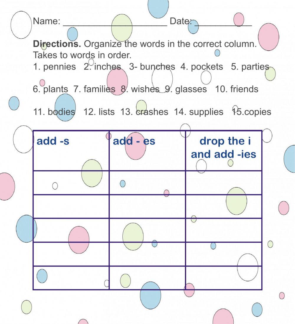 Plurals -s, -es, -ies