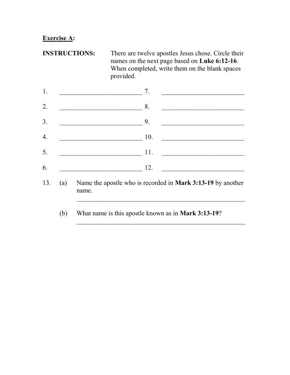 Jesus Chooses Twelve Apostles Word Search Puzzle