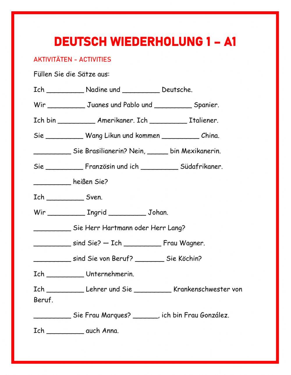 Deutsch A1 - Wiederholung 1 - sein-kommen-sprechen-wohnen-lernen-heissen