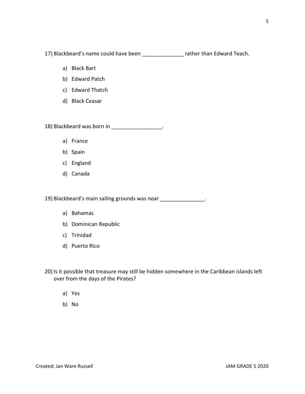Social Studies Pirate Test
