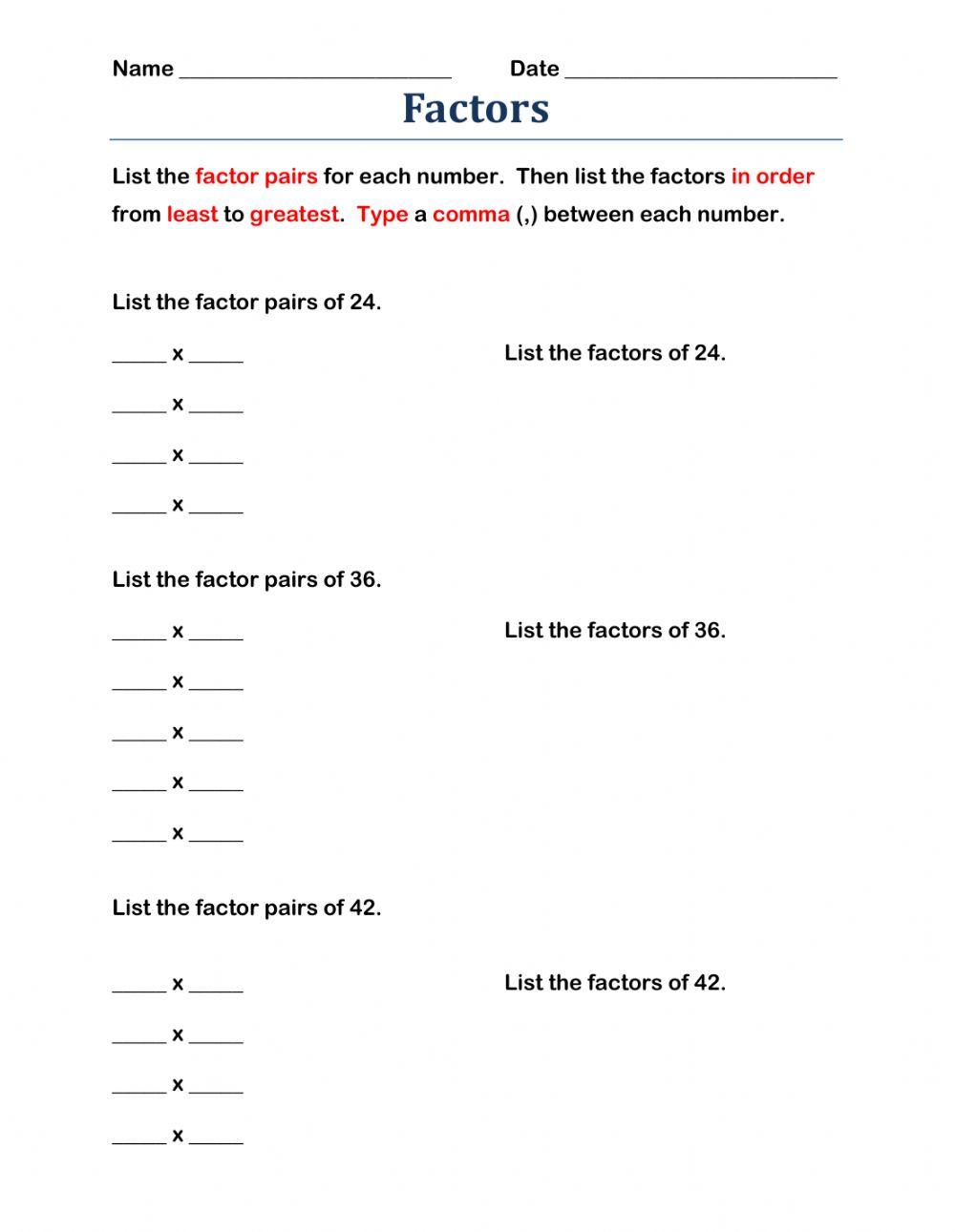 Factors and Factor Pairs worksheet | Live Worksheets factors-and-factor-pairs-worksheet-live-worksheets