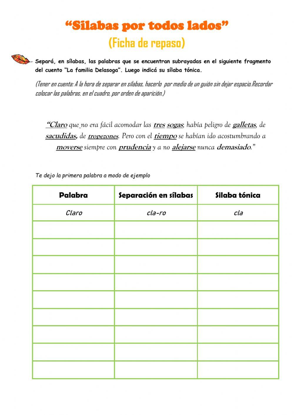 Ficha de repaso- Separación en sílabas