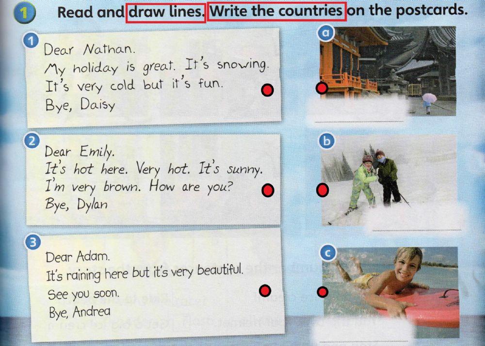 Read and draw lines. Write the countries