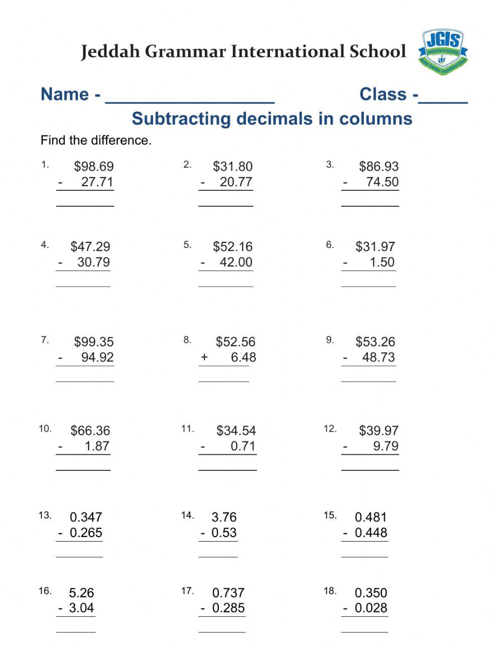 Subtracting decimals in columns