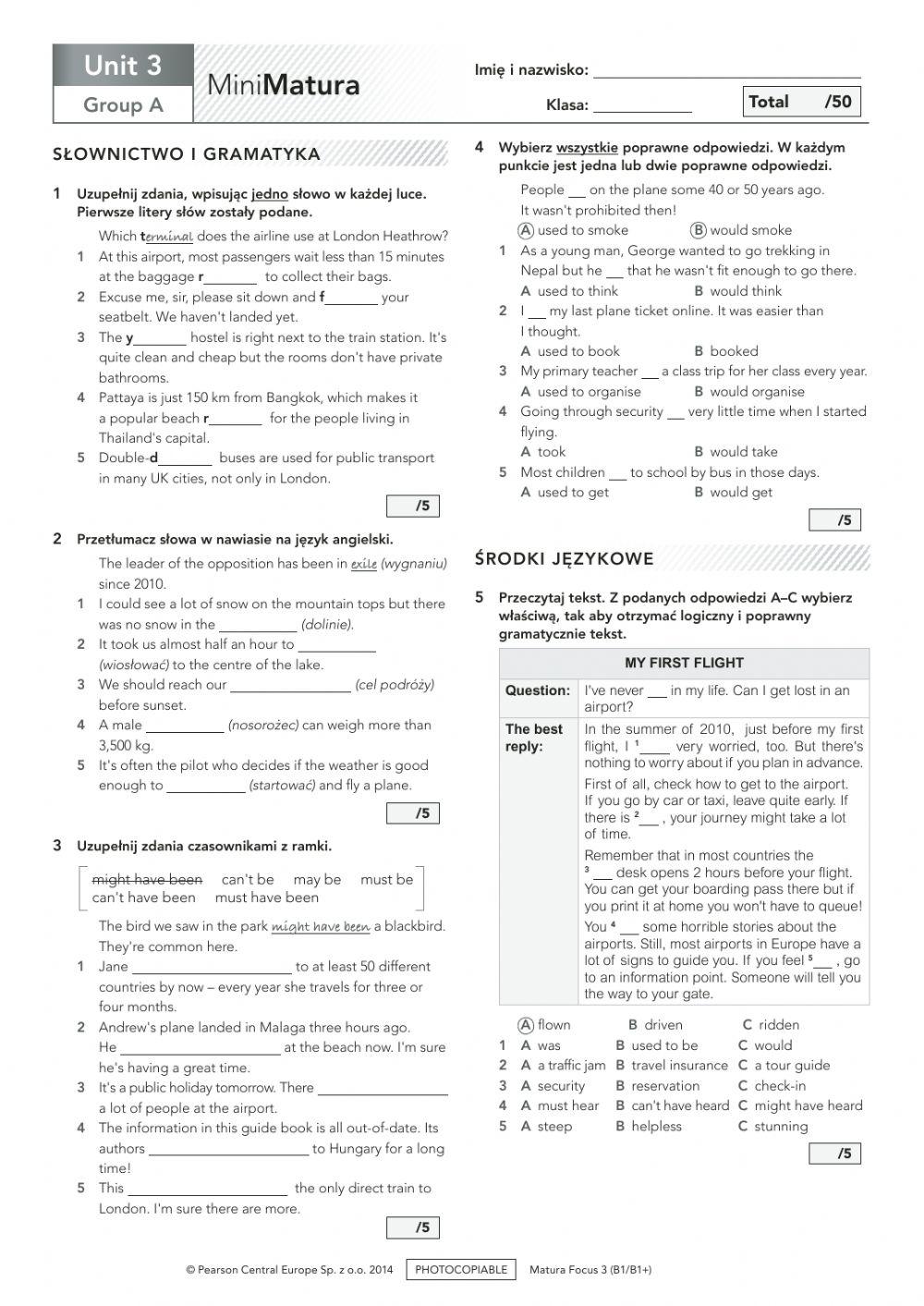 Mini Matura Unit 7 Odpowiedzi Mini Matura, Unit 3- Matura Focus 3 | LiveWorksheets
