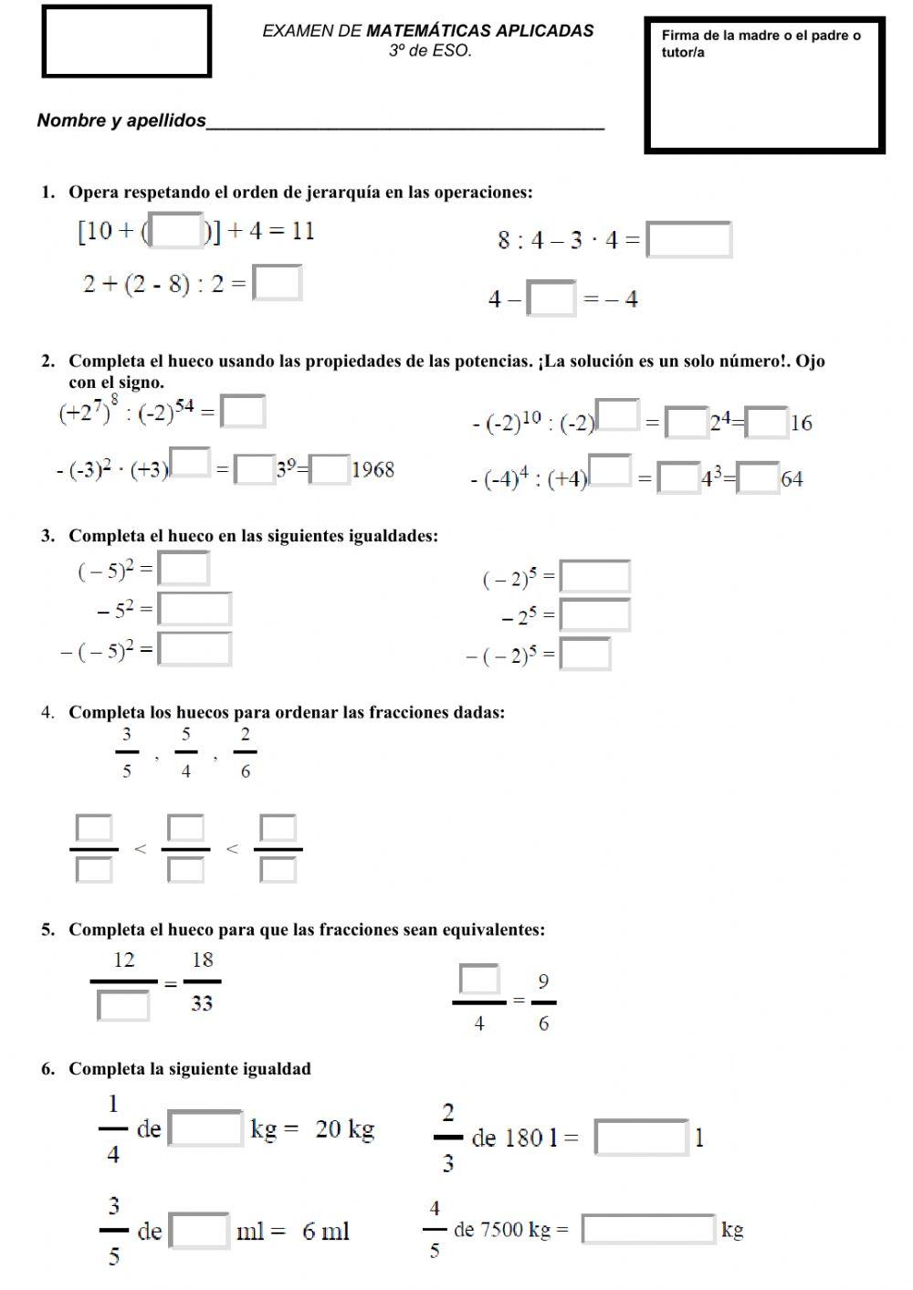 Examen: Enteros, Fracciones, Potencias
