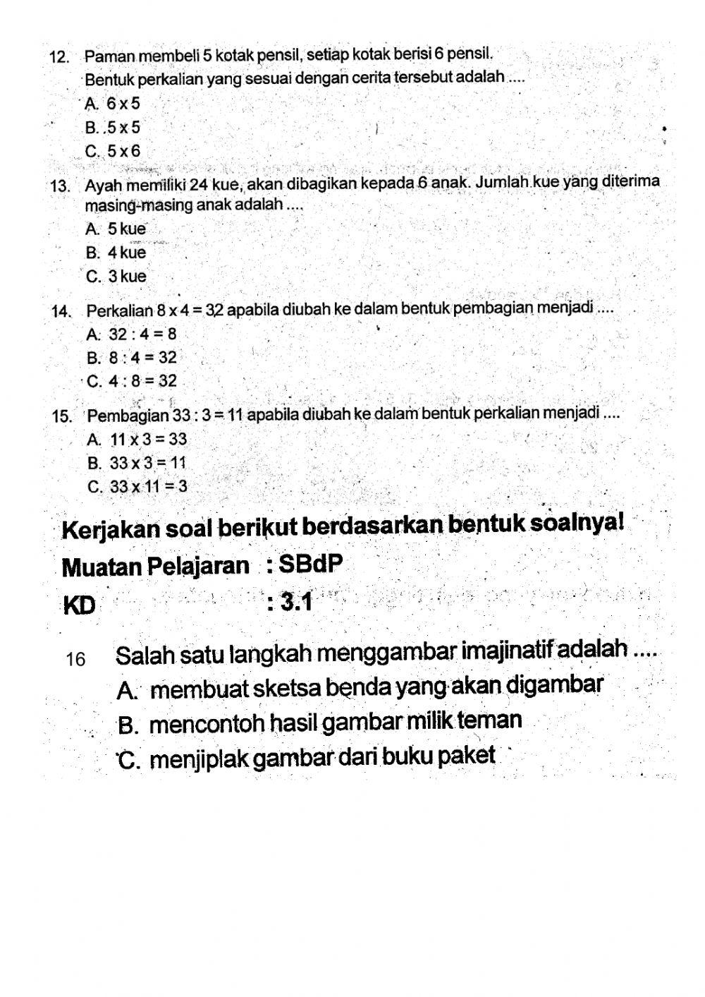 Latihan PAS Tema 2 Kelas 2 Mtk & SBdP S1