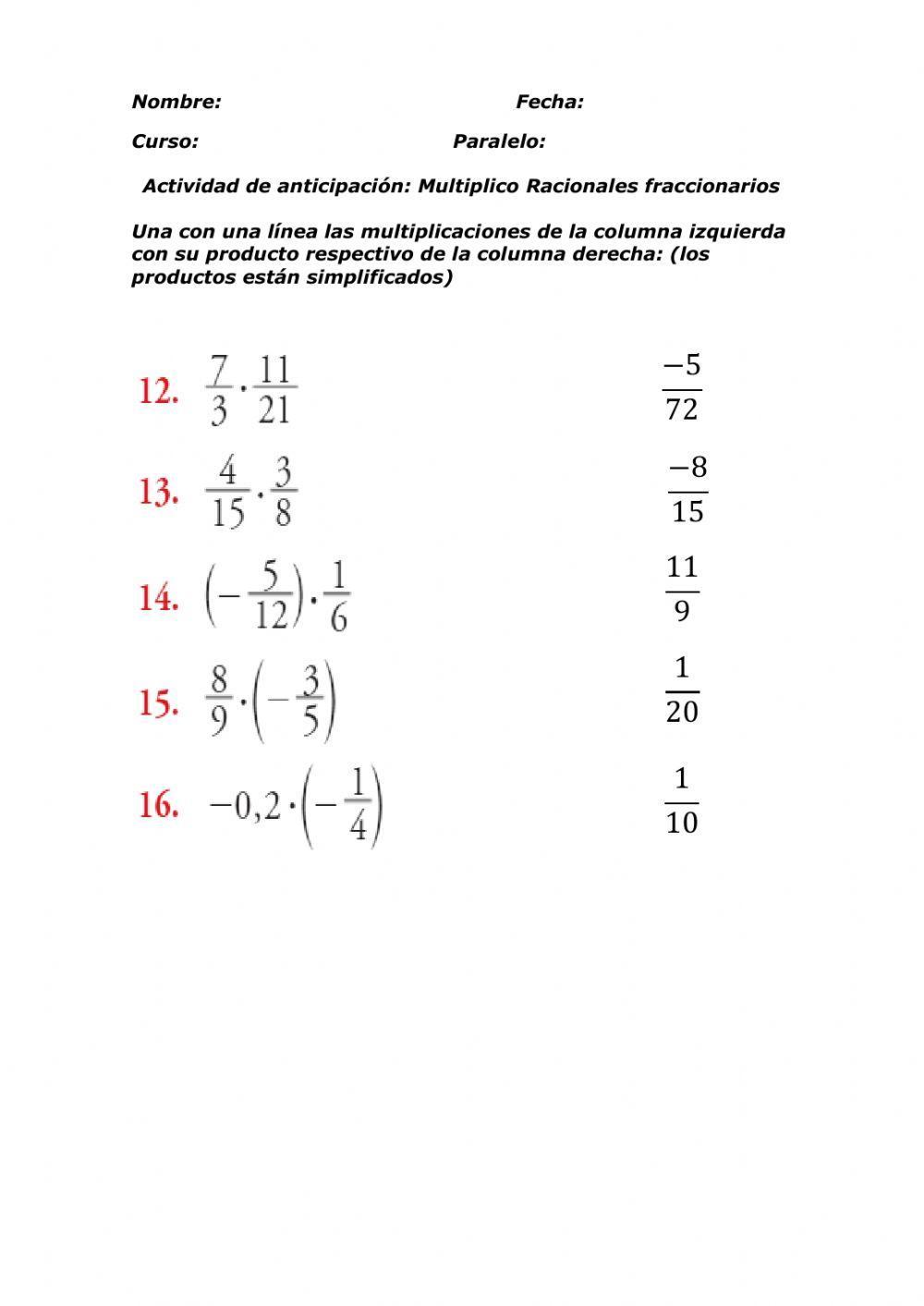 Multiplicación de Racionales fraccionarios