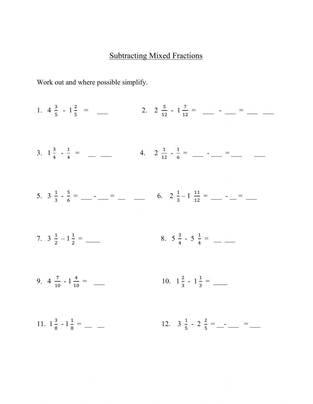 Subracting Mixed fractions