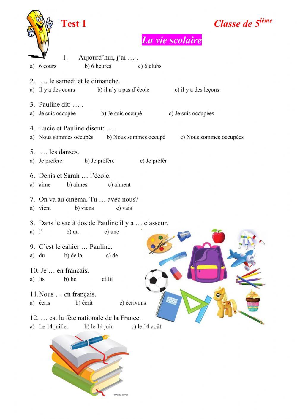 Test 1 La vie scolaire