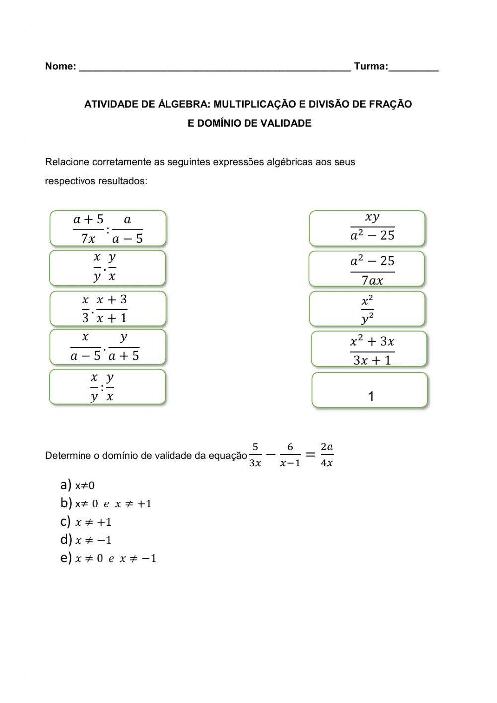 Multiplicação e divisão fração algébrica