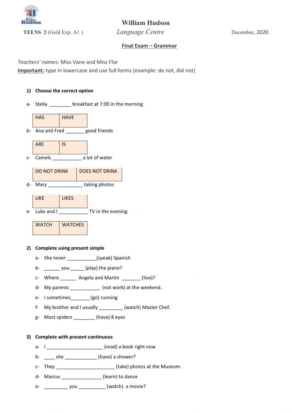 Teens 2 - Final Exam - Grammar -2020