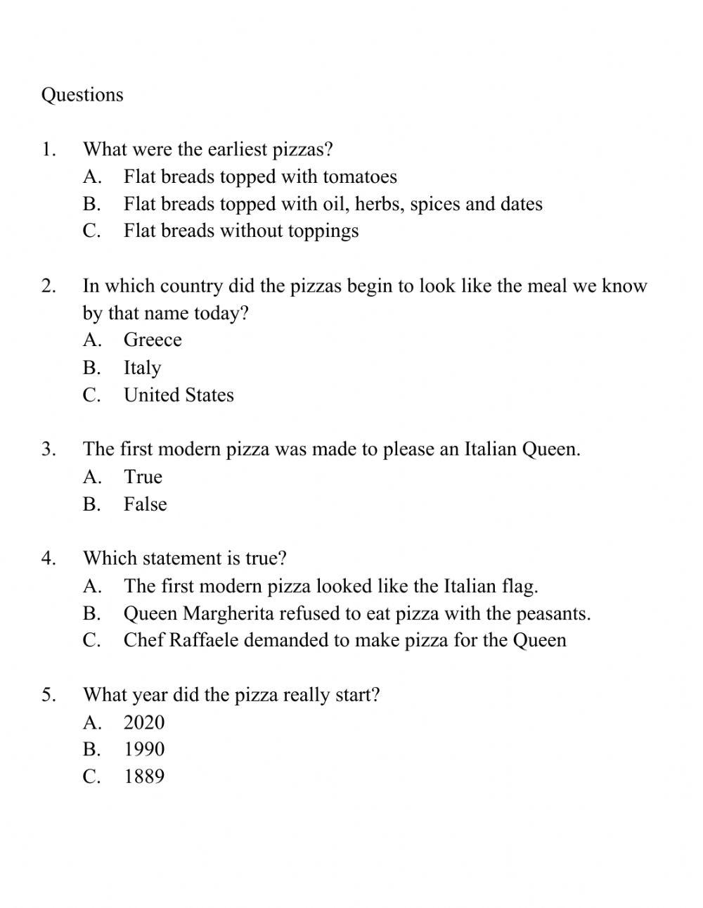 5 The History of Pizza online exercise for Live Worksheets