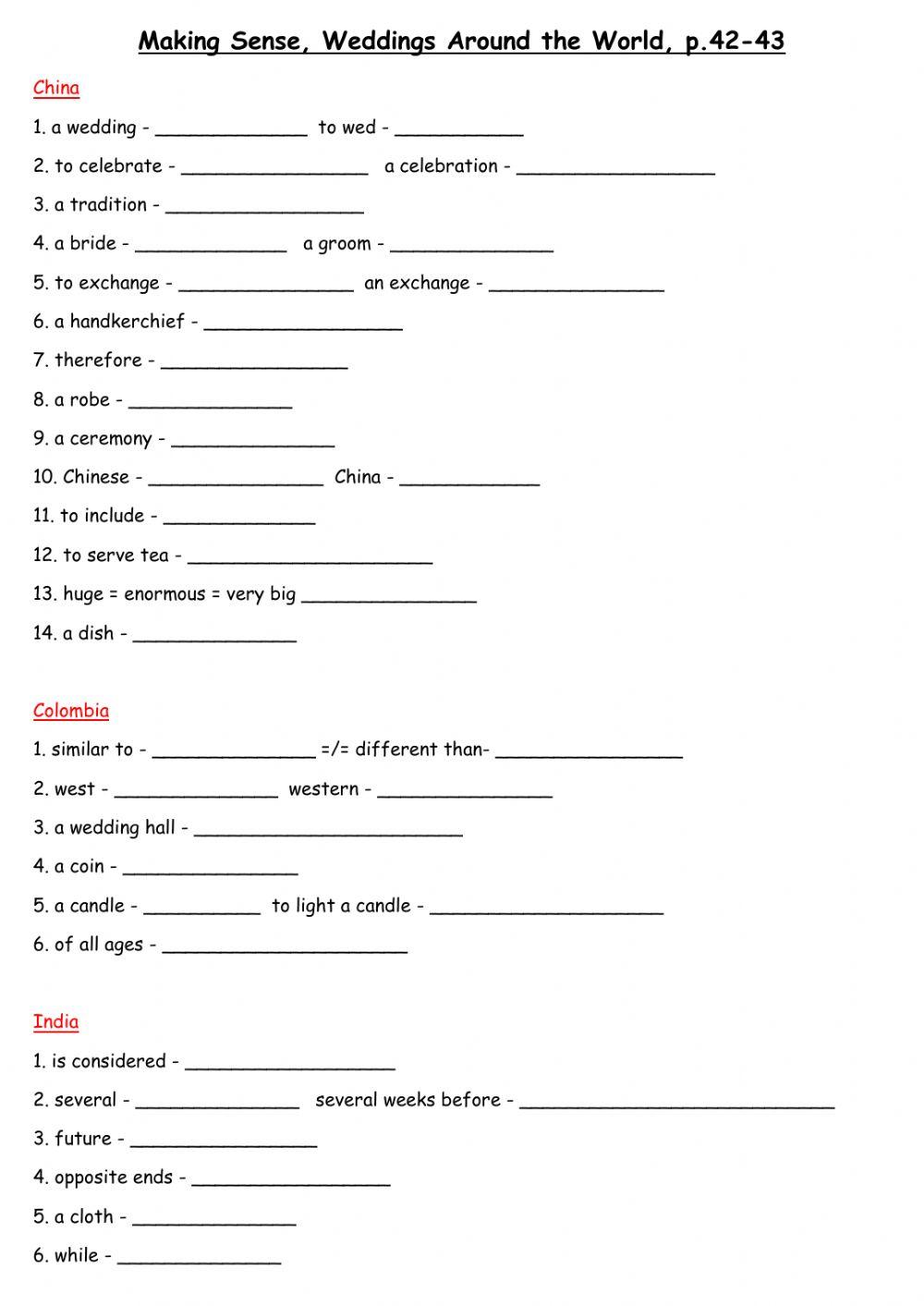 Making Sense p.42-43, Wedding Around the World Vocabulary
