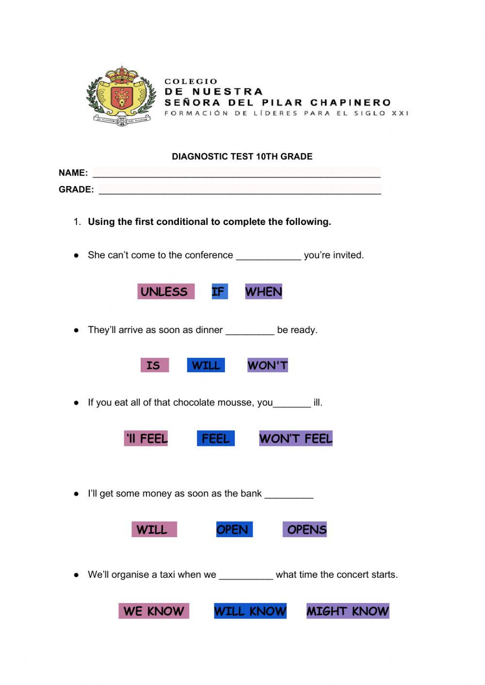10th  GRADE DIAGNOSTIC TEST