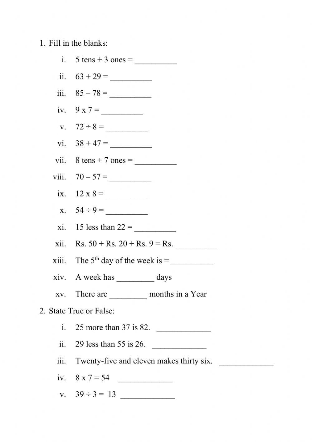 worksheet for 2 class maths