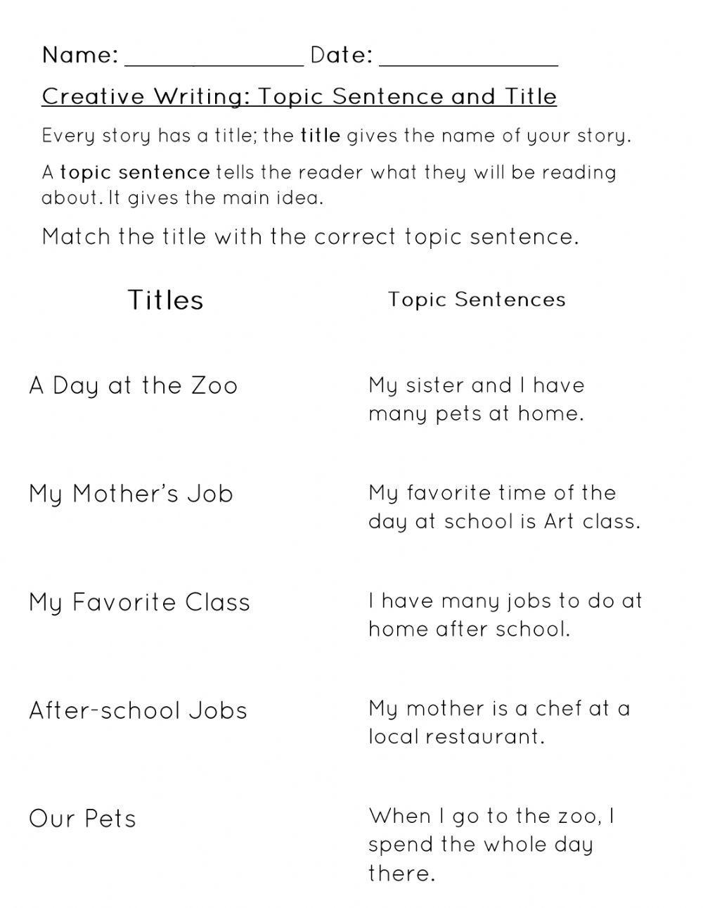 Writing Topic Sentences Worksheet