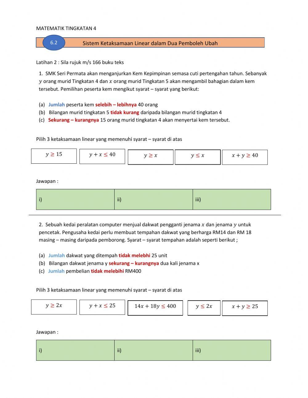 Bab 6 Ketaksamaan Linear dalam dua pemboleh ubah
