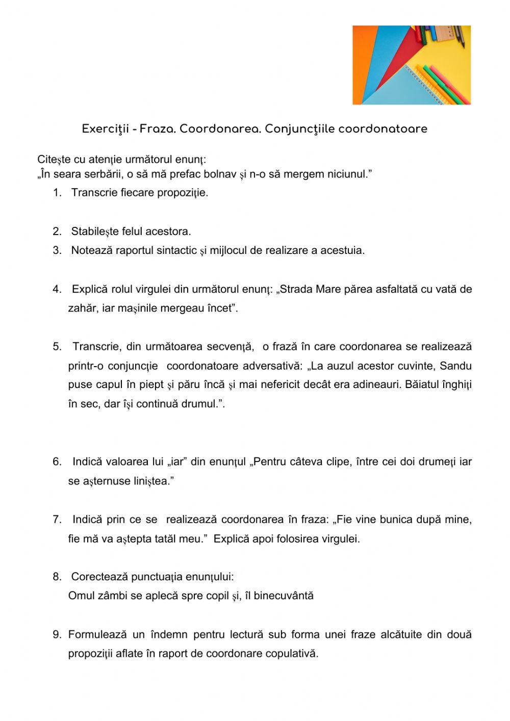 Exerciții - Fraza. Coordonarea. Conjuncțiile coordonatoare