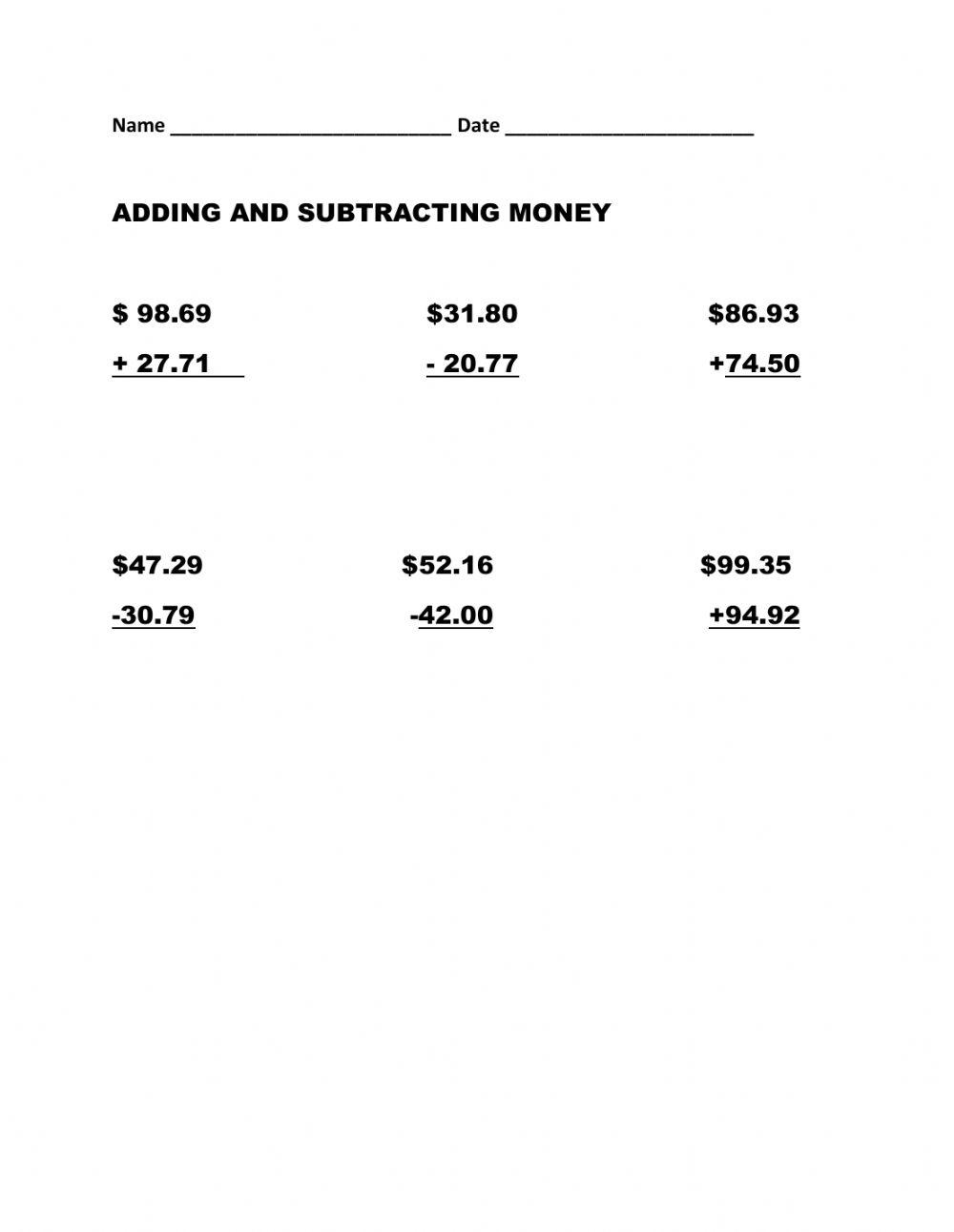 Adding and Subtracting Money interactive worksheet | Live Worksheets